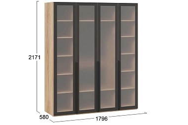 Шкаф для одежды Порто СМ-393.07.114 (580) с 4 стеклянными дверями (Яблоня Беллуно/Графит/Стекло сатин черное)