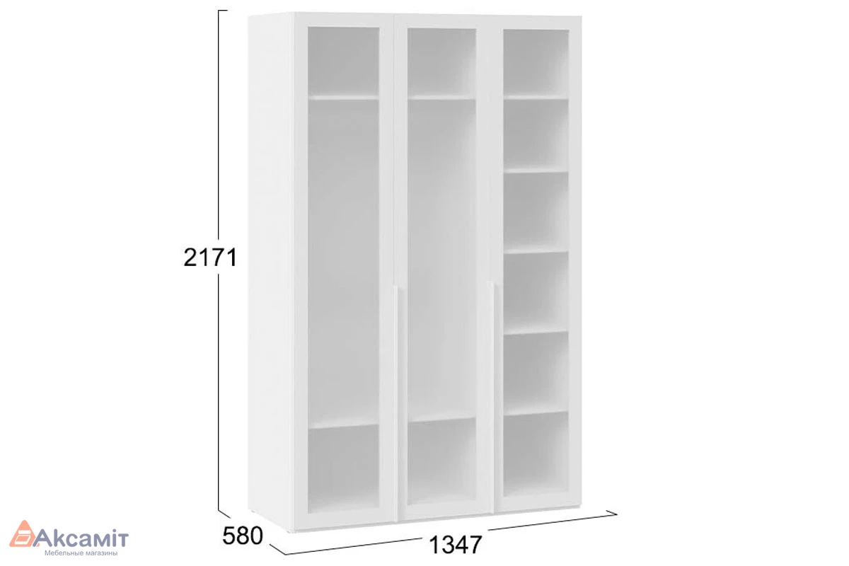 Шкаф для одежды (580) с 3 стеклянными дверями Порто СМ-393.07.117 (Белый Жемчуг/Стекло сатин белое)