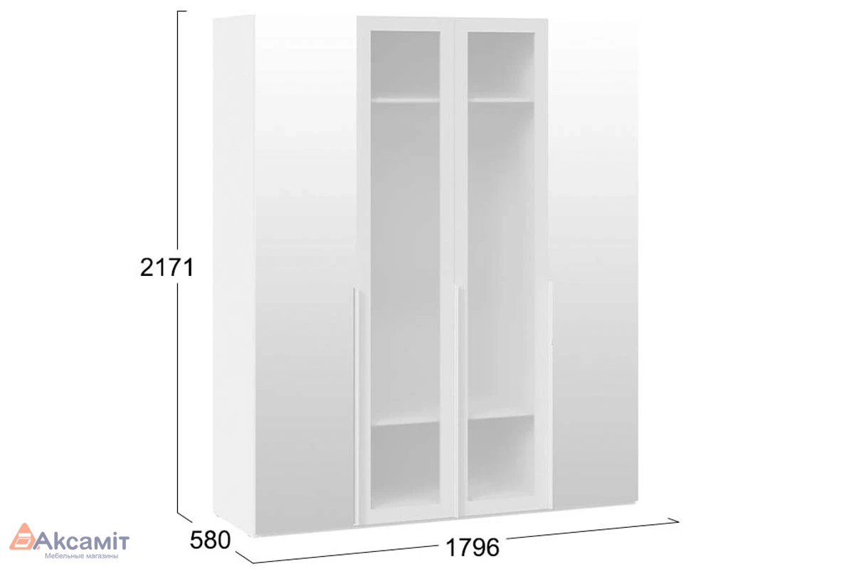 Шкаф для одежды Порто СМ-393.07.115 (580) с 2 зеркальными и 2 стеклянными дверями (Белый Жемчуг/Стекло сатин белое)