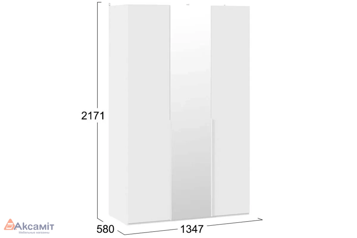 Шкаф для одежды Порто СМ-393.07.112 (580) с 2 глухими и 1 зеркальной дверями (Белый жемчуг/Белый софт)