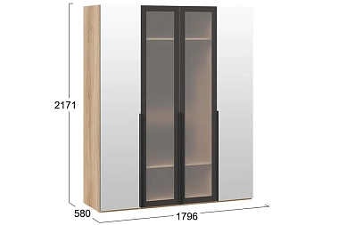 Шкаф для одежды Порто СМ-393.07.115 (580) с 2 зеркальными и 2 стеклянными дверями (Яблоня Беллуно/Графит/Стекло сатин черное)