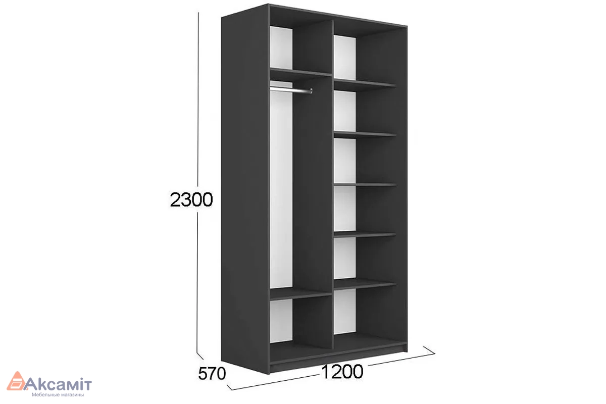 Шкаф-купе 2-х дверный Траст СШК 2.120.60-13.15 (1200x570x2300) (Серый диамант/Зеркало/Стекло белый глянец)